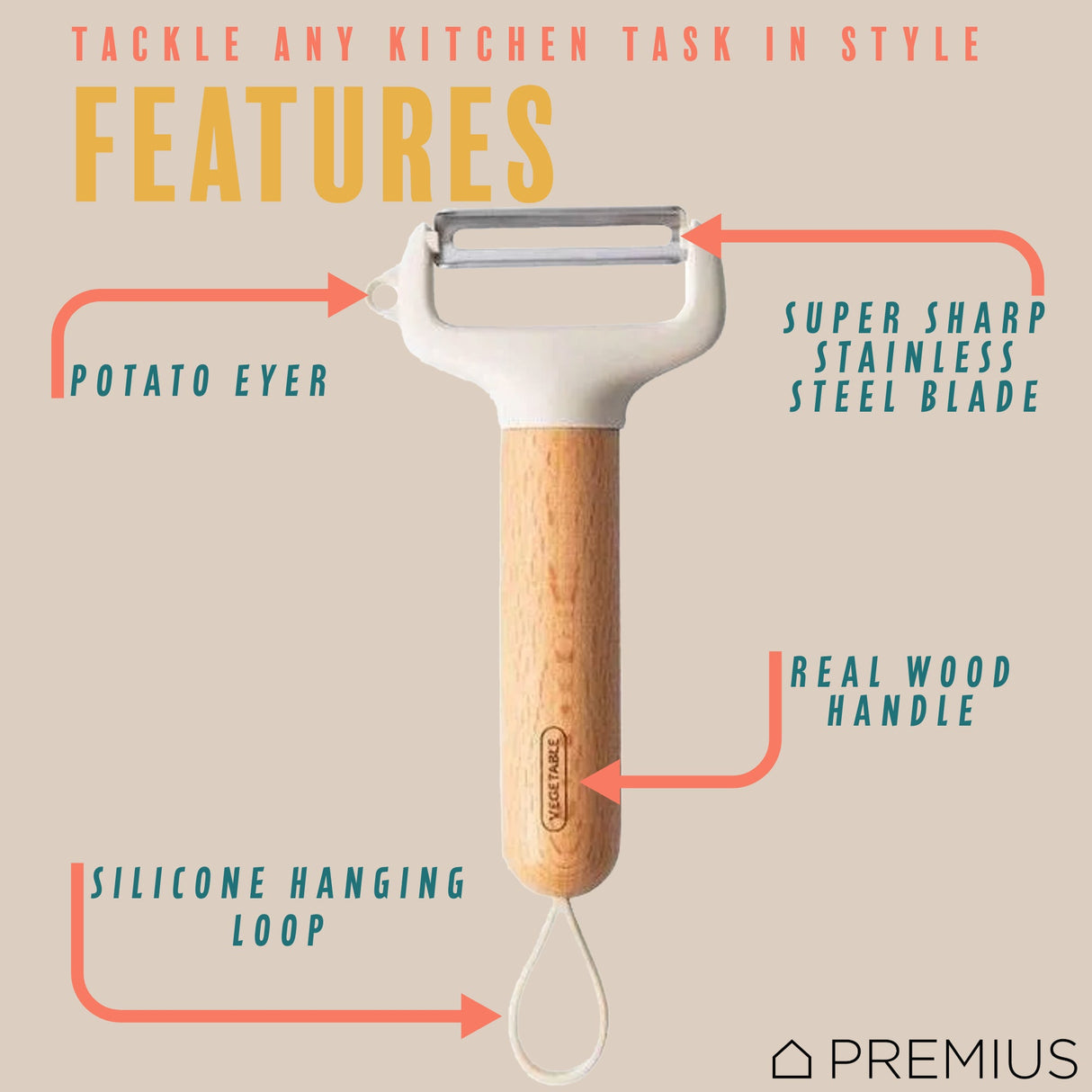 PREMIUS Wooden Vegetable Stainless Steel Blades Peeler with Potato Eyer, White-Natural from ShopBobbys