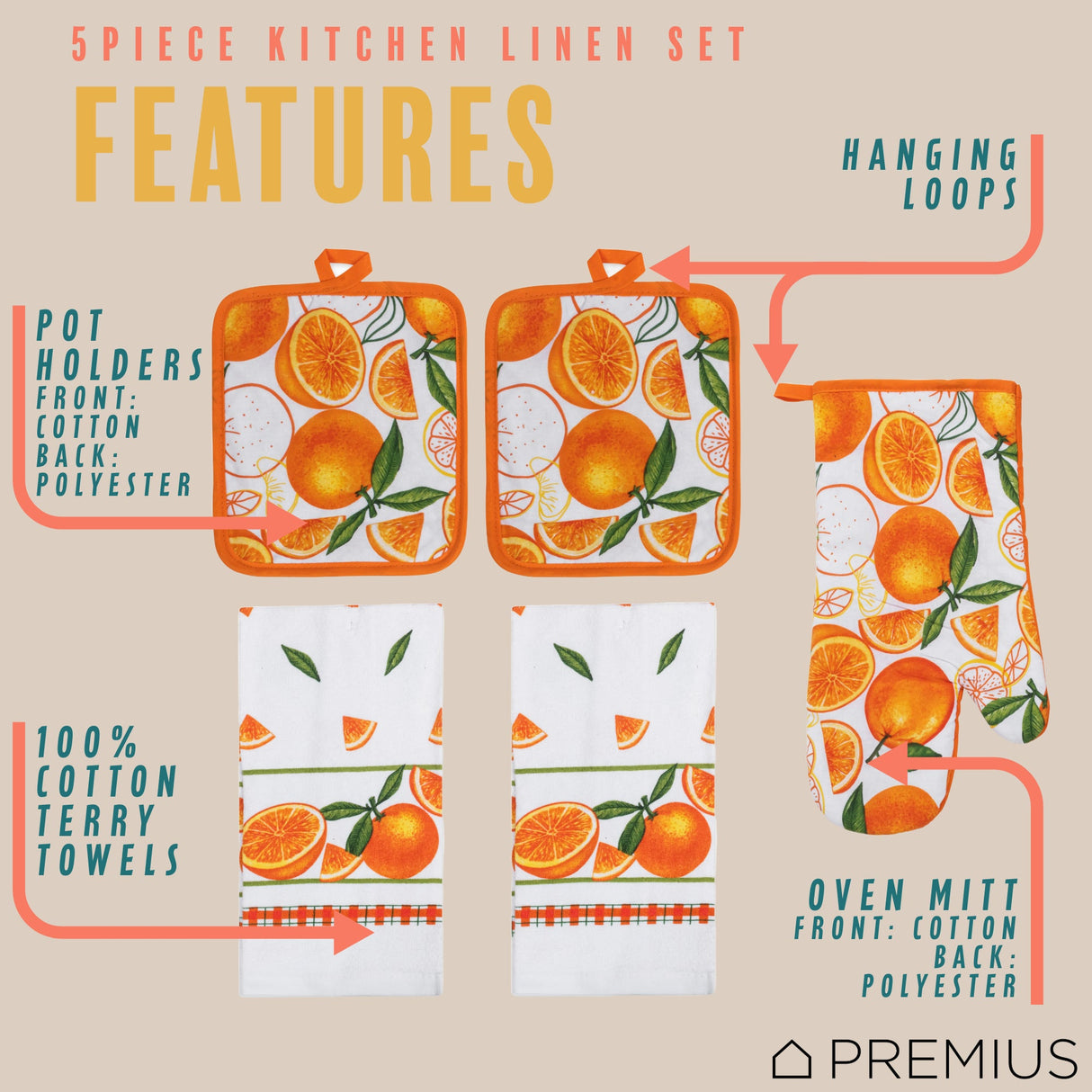 PREMIUS 5 Piece Printed Kitchen Linen Set, 2 Cotton Towels, 2 Pot Holders, 1 Oven Mitt from ShopBobbys
