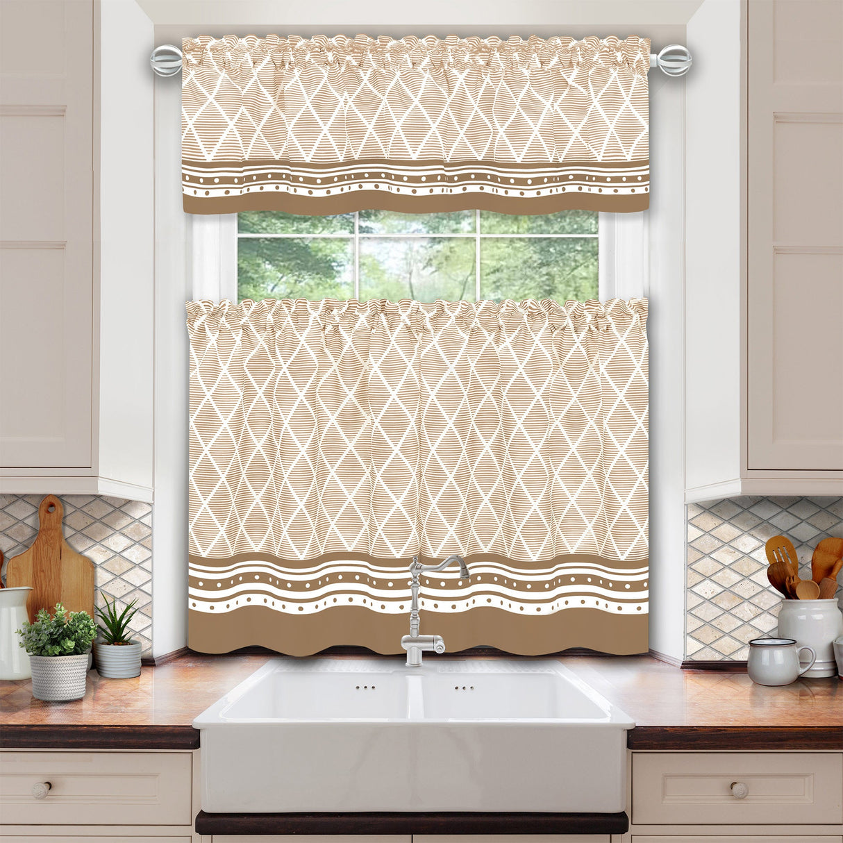 Achim Boho Printed Kitchen Curtain Set, Mocha, Valance 58x13, Tiers 58x36 Inches from ShopBobbys