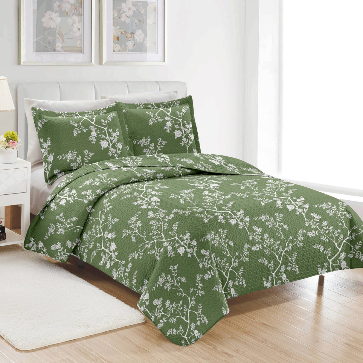 PREMIUS Fernando 3 Piece Microfiber Wrinkle-Free Quilt Set, Green-White from ShopBobbys