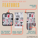 PREMIUS 3 Piece Printed Kitchen Linen Set, 1 Cotton Towel, 1 Pot Holder, 1 Oven Mitt from ShopBobbys