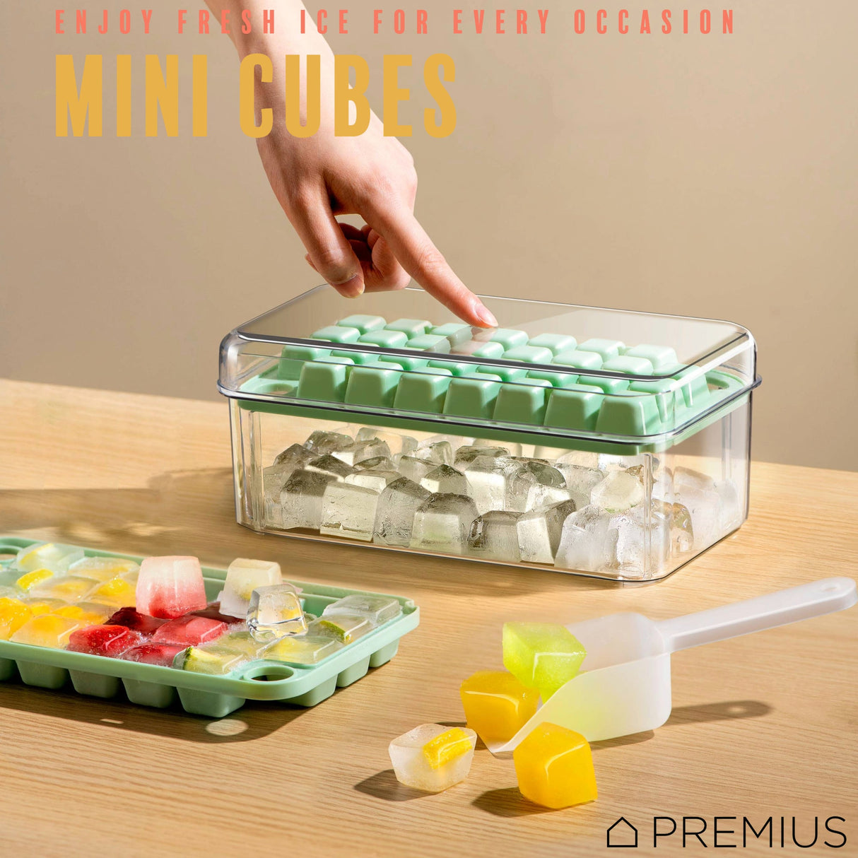 PREMIUS 2 Tray Ice Cube Tray with Container and Scoop, Green-Clear from ShopBobbys