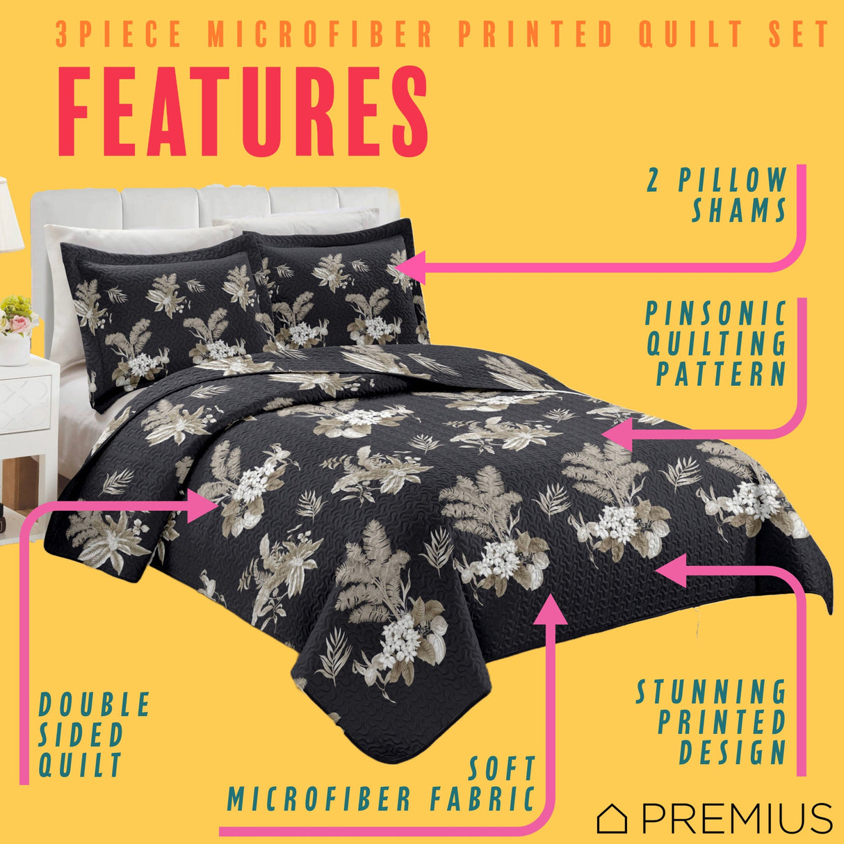 PREMIUS Mia 3 Piece Microfiber Wrinkle-Free Quilt Set, Black-Taupe from ShopBobbys