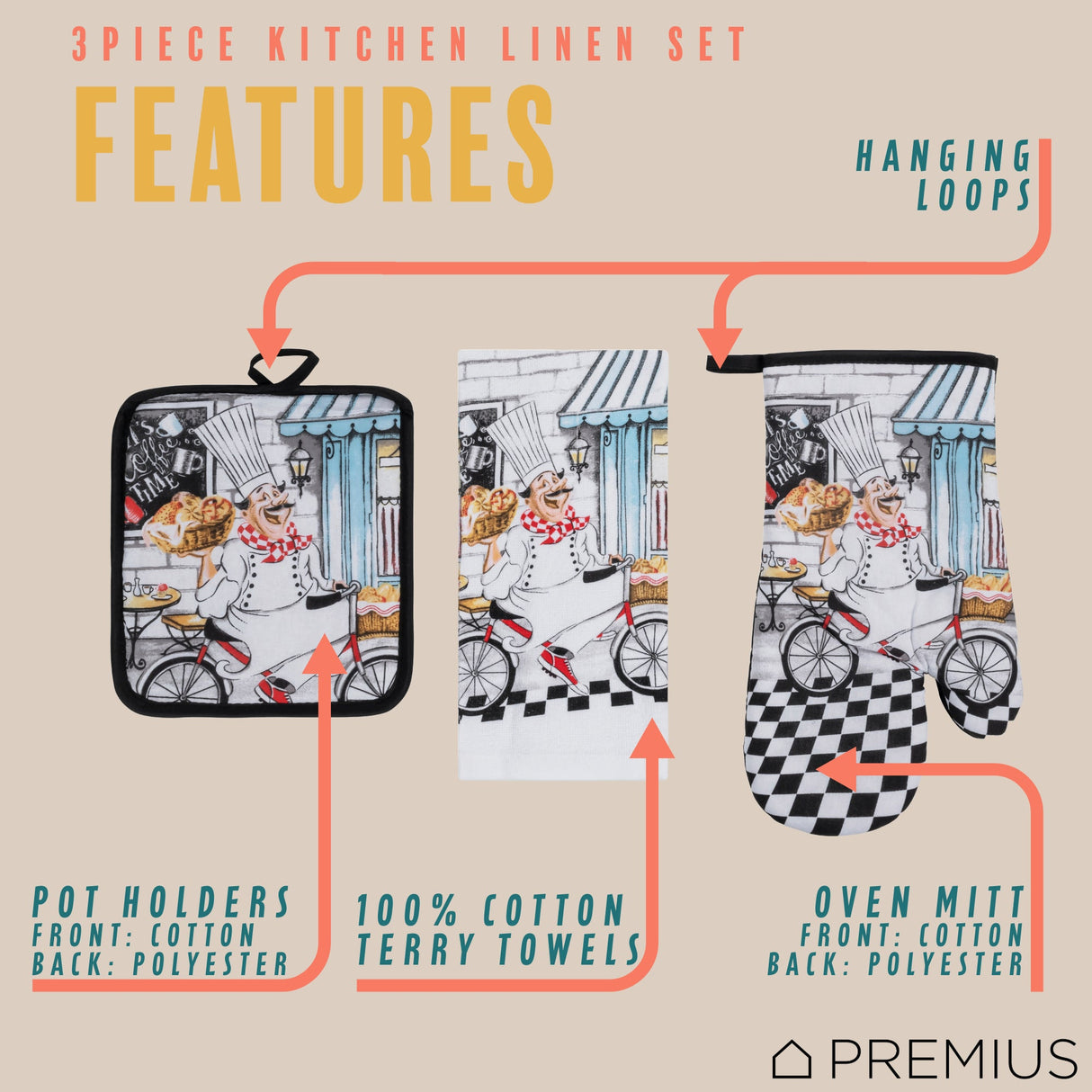 PREMIUS 3 Piece Printed Kitchen Linen Set, 1 Cotton Towel, 1 Pot Holder, 1 Oven Mitt from ShopBobbys
