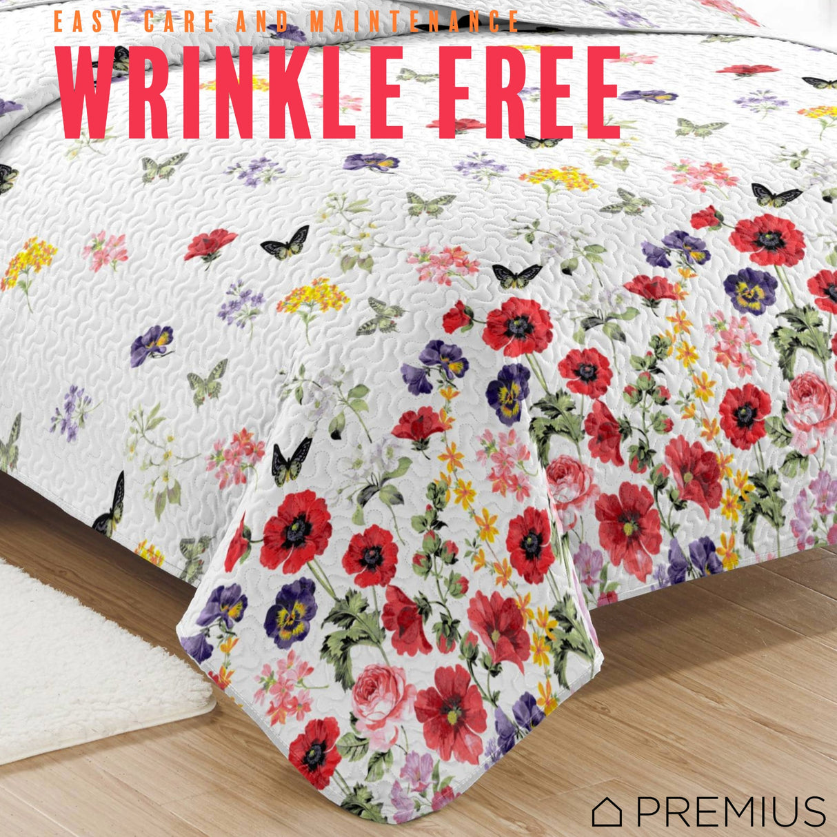 PREMIUS Butterfly 3 Piece Microfiber Wrinkle-Free Quilt Set, White-Multi from ShopBobbys