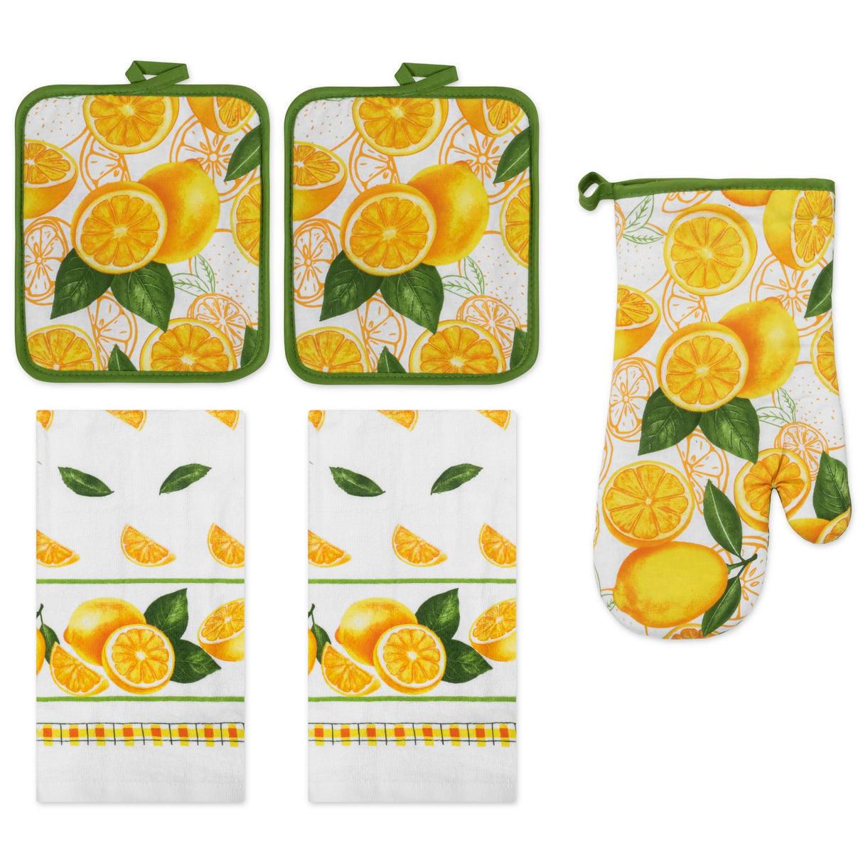 PREMIUS 5 Piece Printed Kitchen Linen Set, 2 Cotton Towels, 2 Pot Holders, 1 Oven Mitt from ShopBobbys