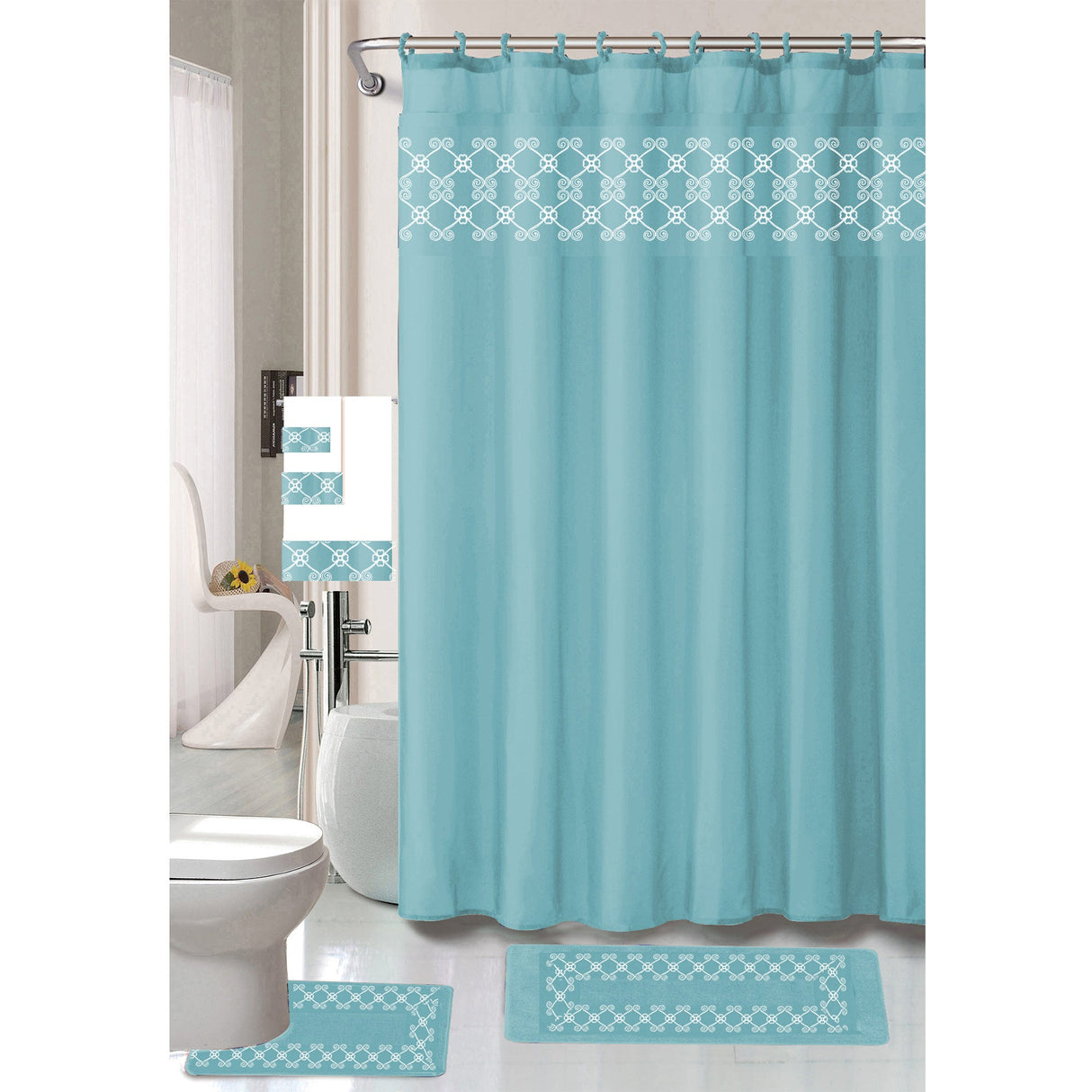 Tristan 18 Piece Shower Curtain with Embroidered Non-Slip Bath Rug and Towel Set from ShopBobbys