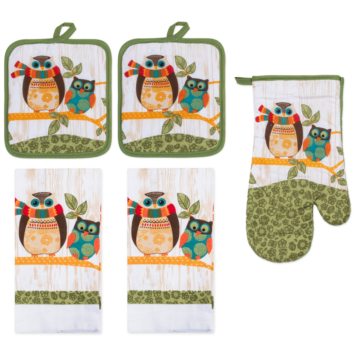PREMIUS 5 Piece Printed Kitchen Linen Set, 2 Cotton Towels, 2 Pot Holders, 1 Oven Mitt from ShopBobbys