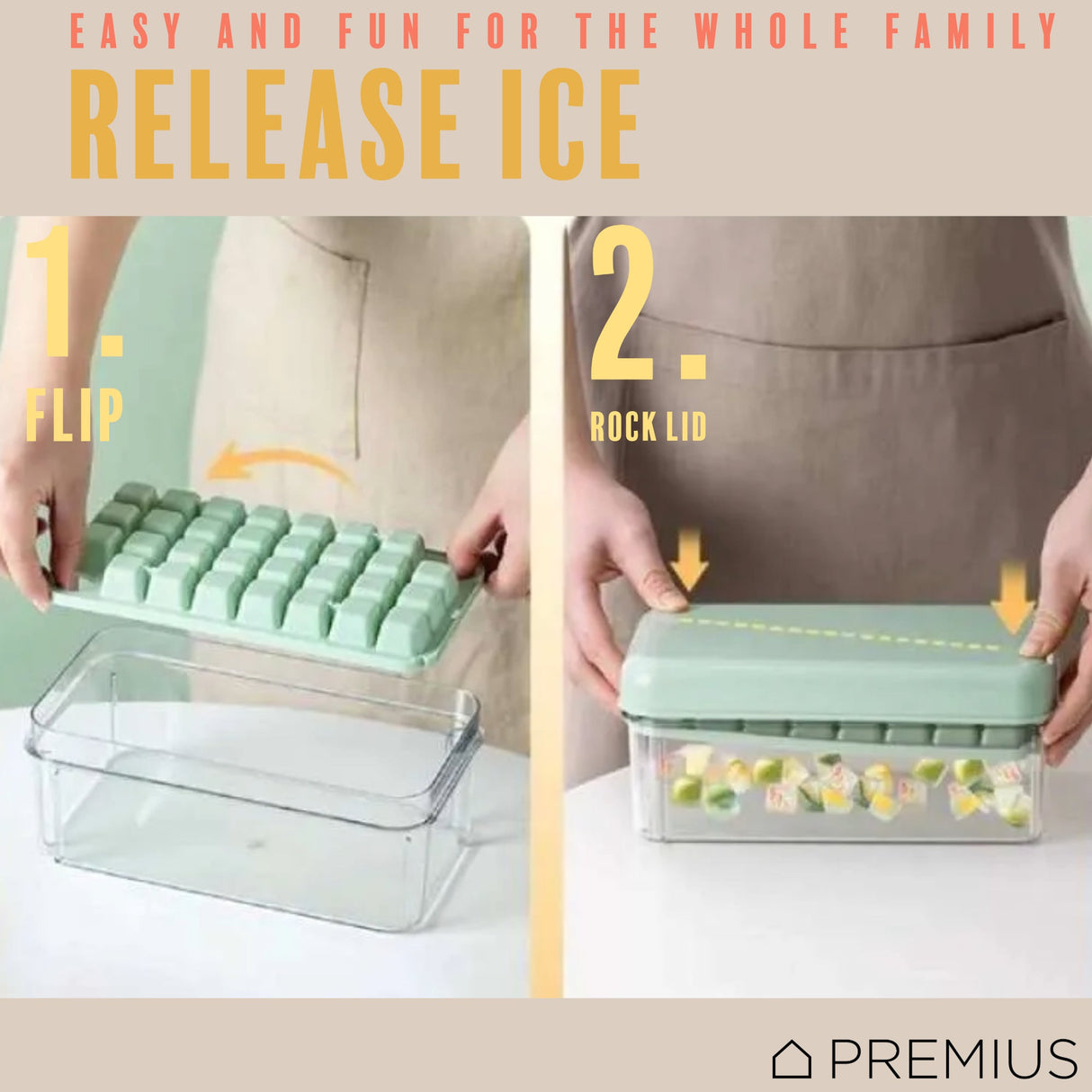 PREMIUS 2 Tray Ice Cube Tray with Container and Scoop, Green-Clear from ShopBobbys