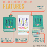PREMIUS 3 Piece Printed Kitchen Linen Set, 1 Cotton Towel, 1 Pot Holder, 1 Oven Mitt from ShopBobbys