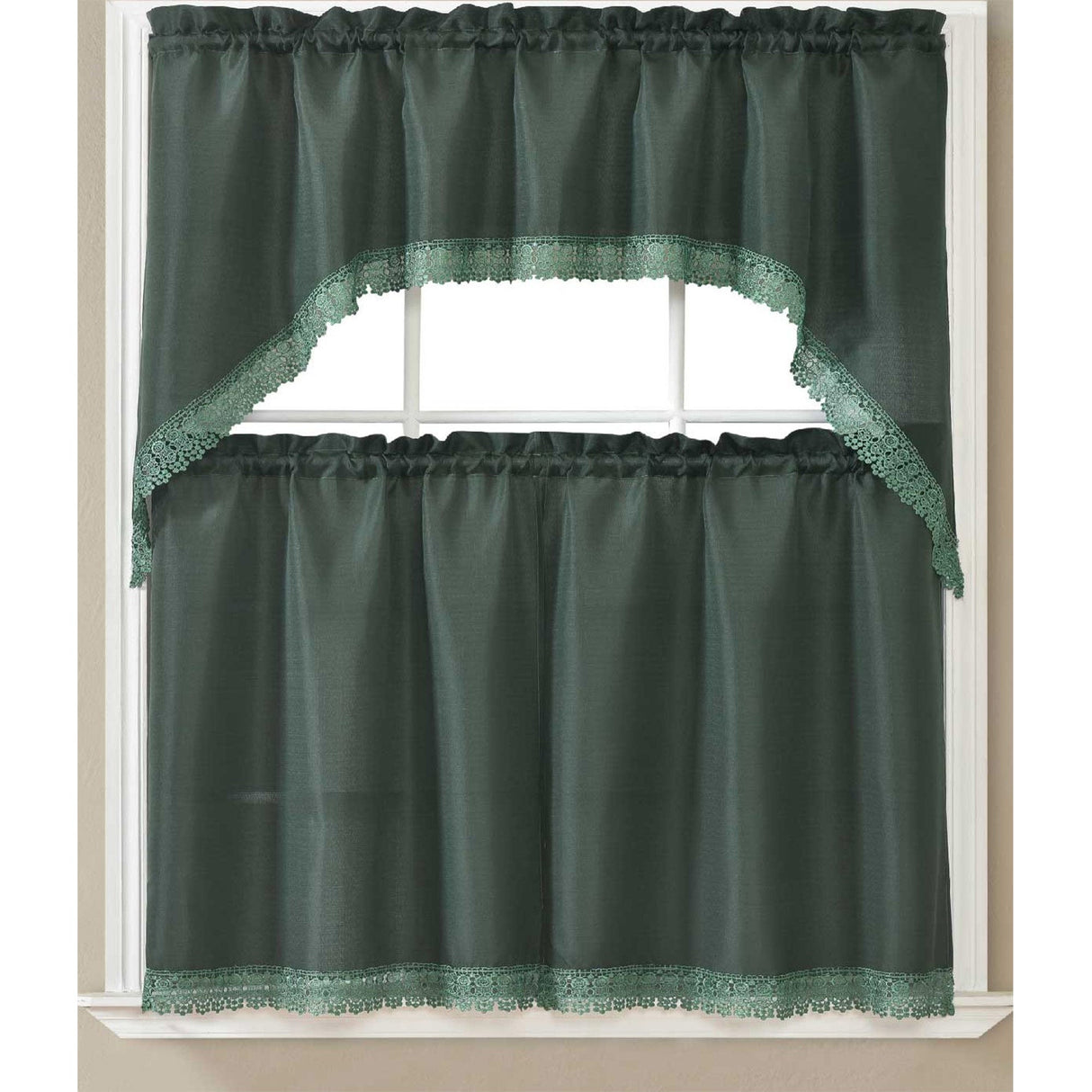 Maggie Kitchen Curtain Set with Macrame Fringes, Swag Valance 60x36, Tiers 30x36 Inches from ShopBobbys