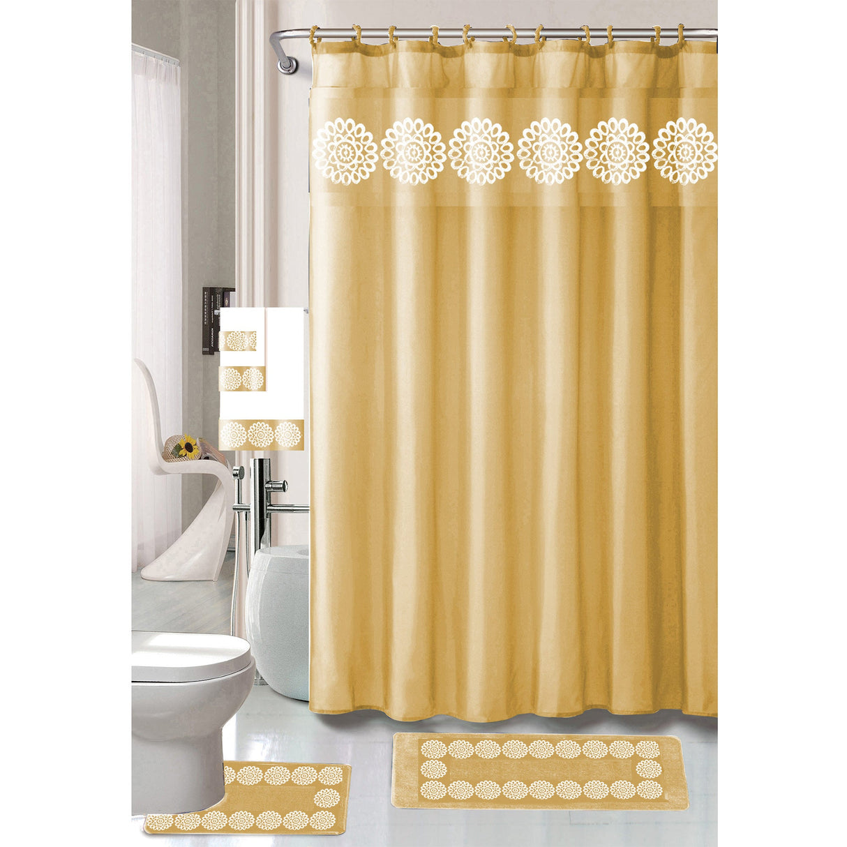 Cynthia 18 Piece Shower Curtain with Embroidered Non-Slip Bath Rug and Towel Set from ShopBobbys