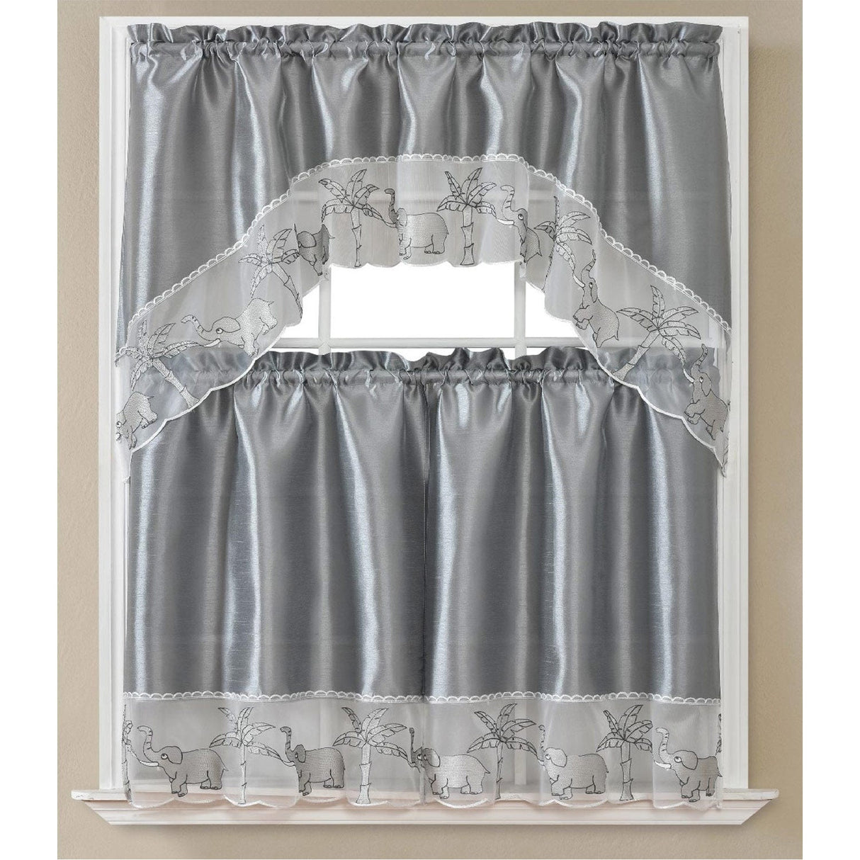 Elephant Embroidered Kitchen Curtain Set, Swag 60x36, 30x36 Inches from ShopBobbys