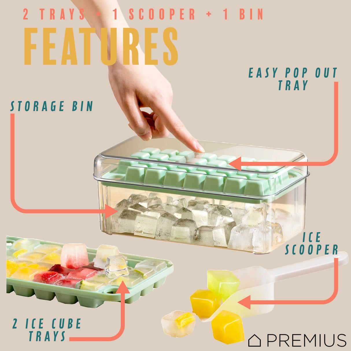 PREMIUS 2 Tray Ice Cube Tray with Container and Scoop, Green-Clear from ShopBobbys