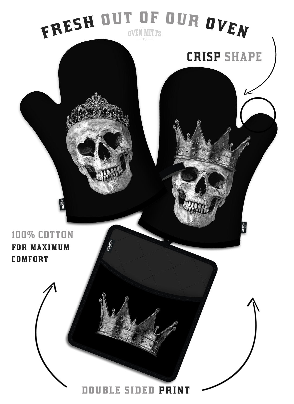 King & Queen Black Skull Oven Mitts And Potholder Set From Zapps Clothing