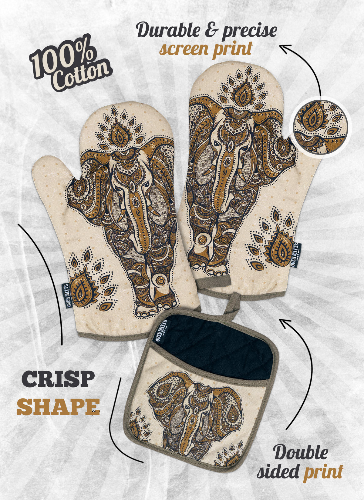 Elephant Boho Oven Mitts And Potholder Set From Zapps Clothing