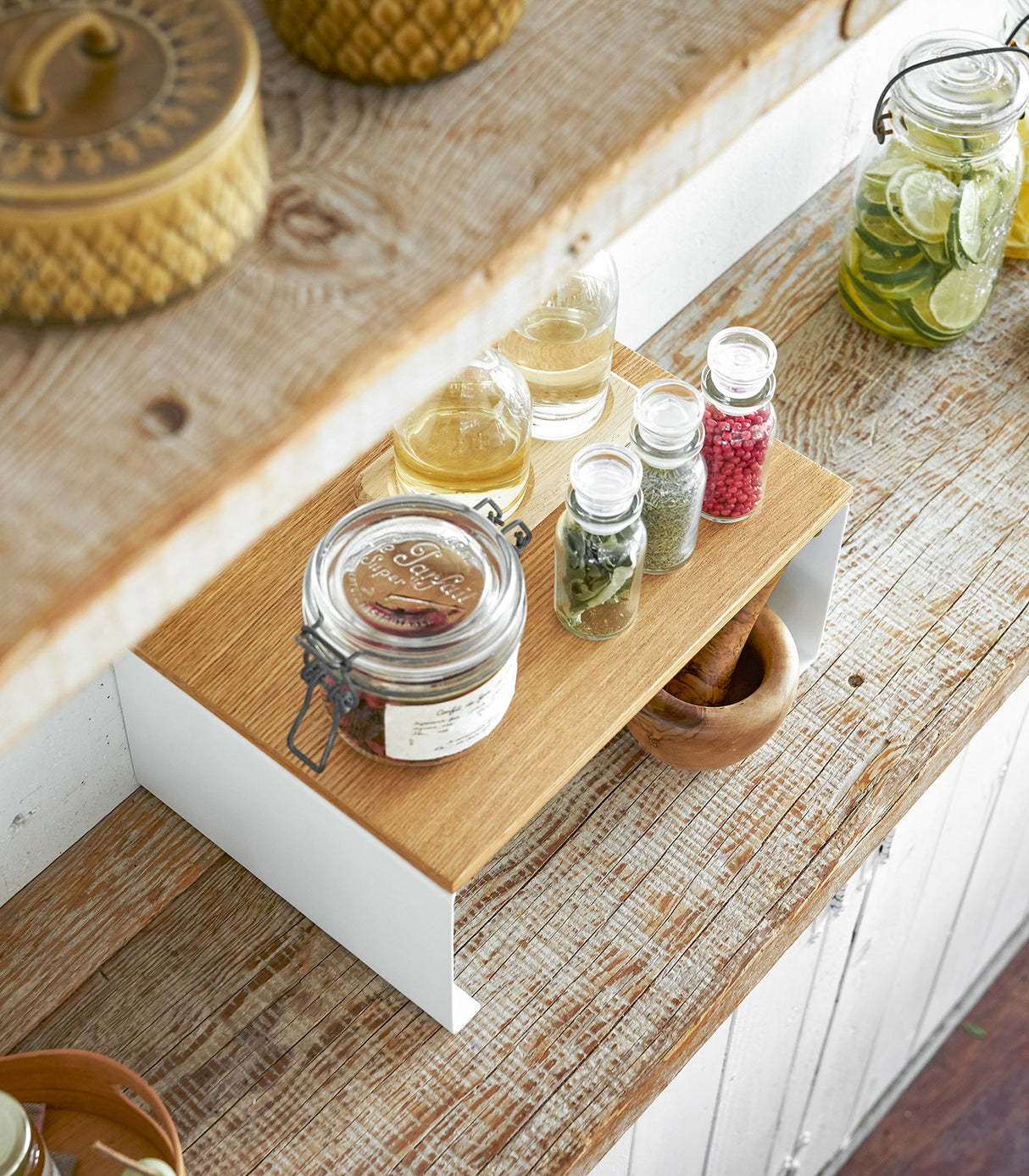 Stackable Countertop Shelf - Two Sizes - Steel + Wood from Yamazaki Home
