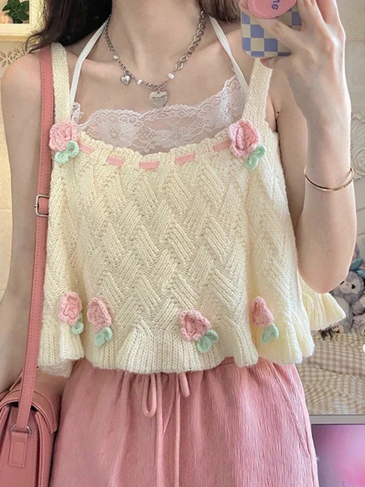 Chic Japanese Kawaii Flower Embroidery Knit Tank Top From Kawaii Stop
