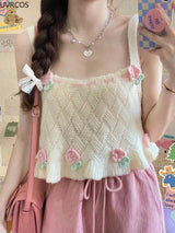 Chic Japanese Kawaii Flower Embroidery Knit Tank Top From Kawaii Stop