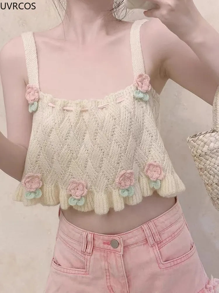 Chic Japanese Kawaii Flower Embroidery Knit Tank Top From Kawaii Stop