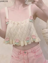 Chic Japanese Kawaii Flower Embroidery Knit Tank Top From Kawaii Stop