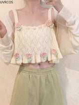 Chic Japanese Kawaii Flower Embroidery Knit Tank Top From Kawaii Stop