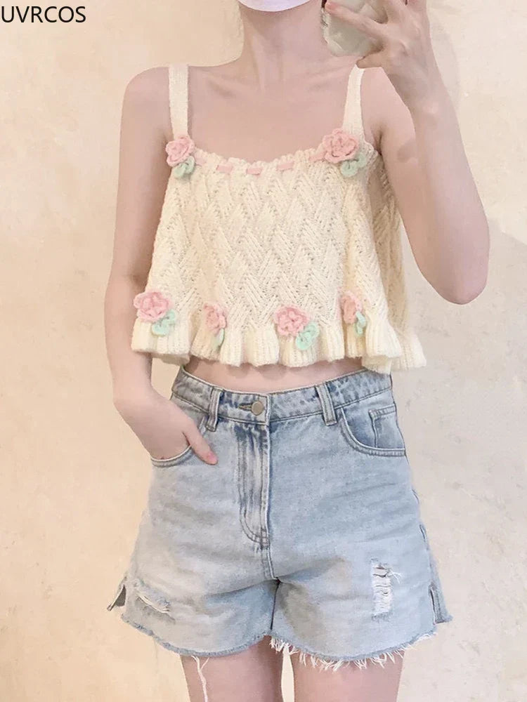 Chic Japanese Kawaii Flower Embroidery Knit Tank Top From Kawaii Stop