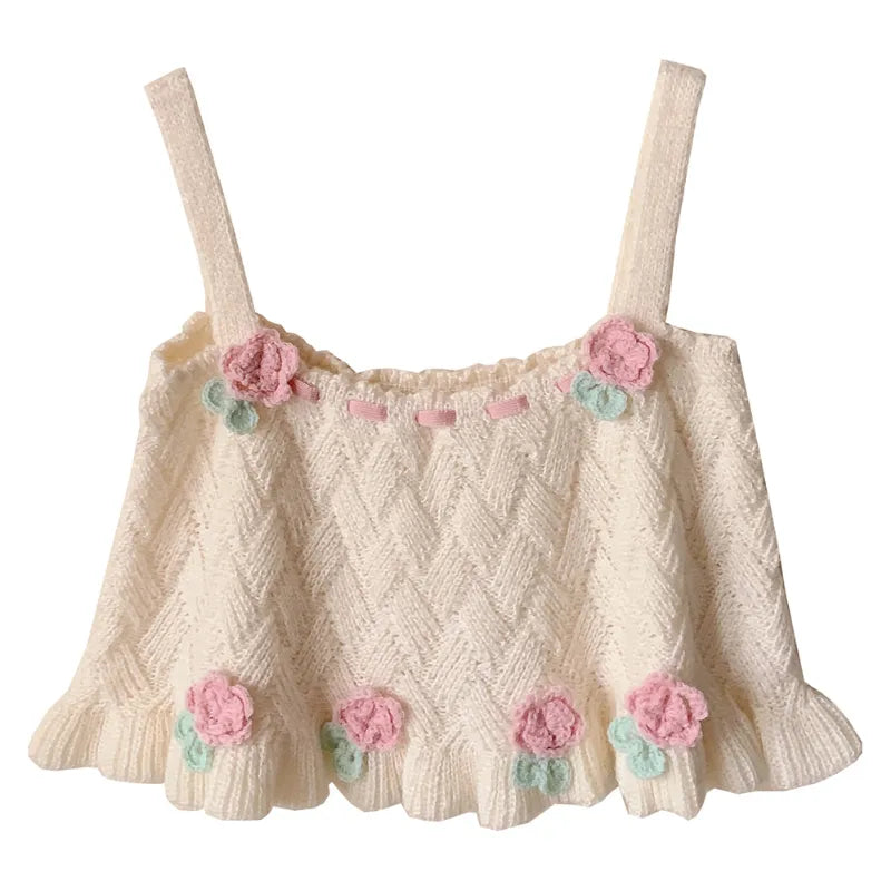 Chic Japanese Kawaii Flower Embroidery Knit Tank Top From Kawaii Stop