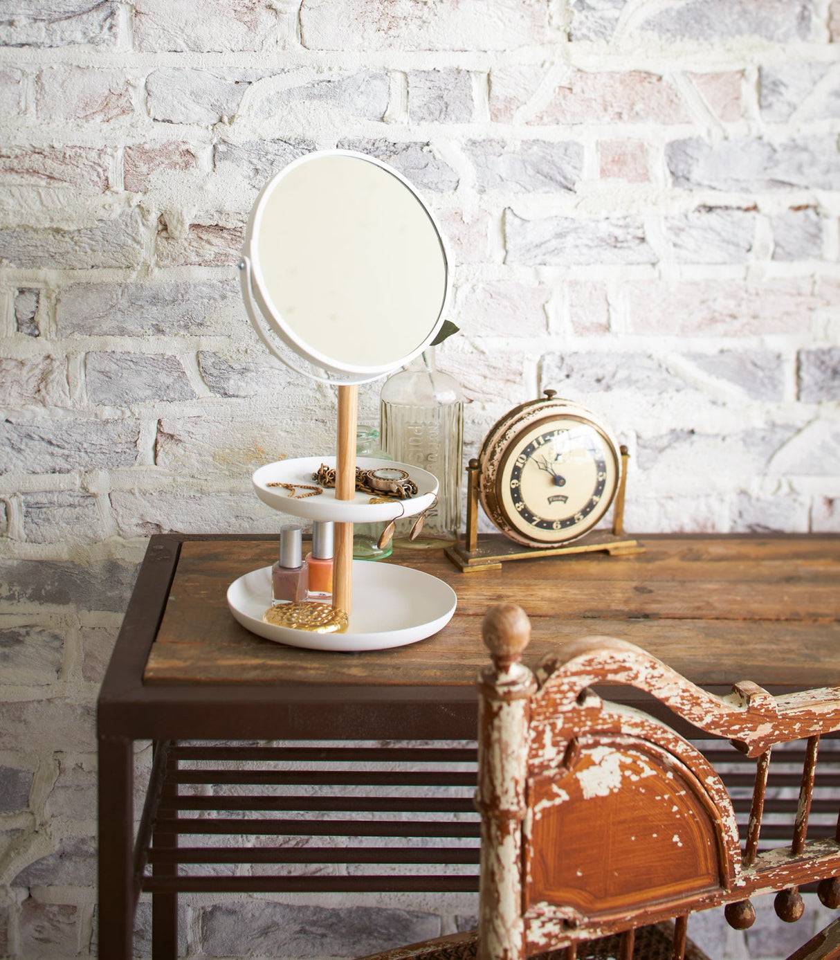 Two-Tier Jewelry Tray With Mirror - Steel + Wood from Yamazaki Home