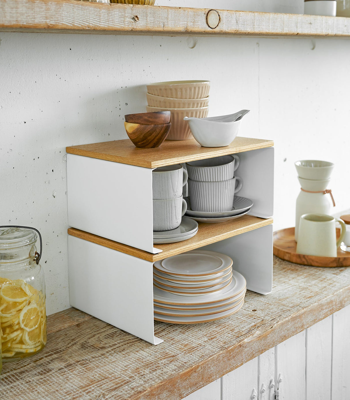 Stackable Countertop Shelf - Two Sizes - Steel + Wood from Yamazaki Home