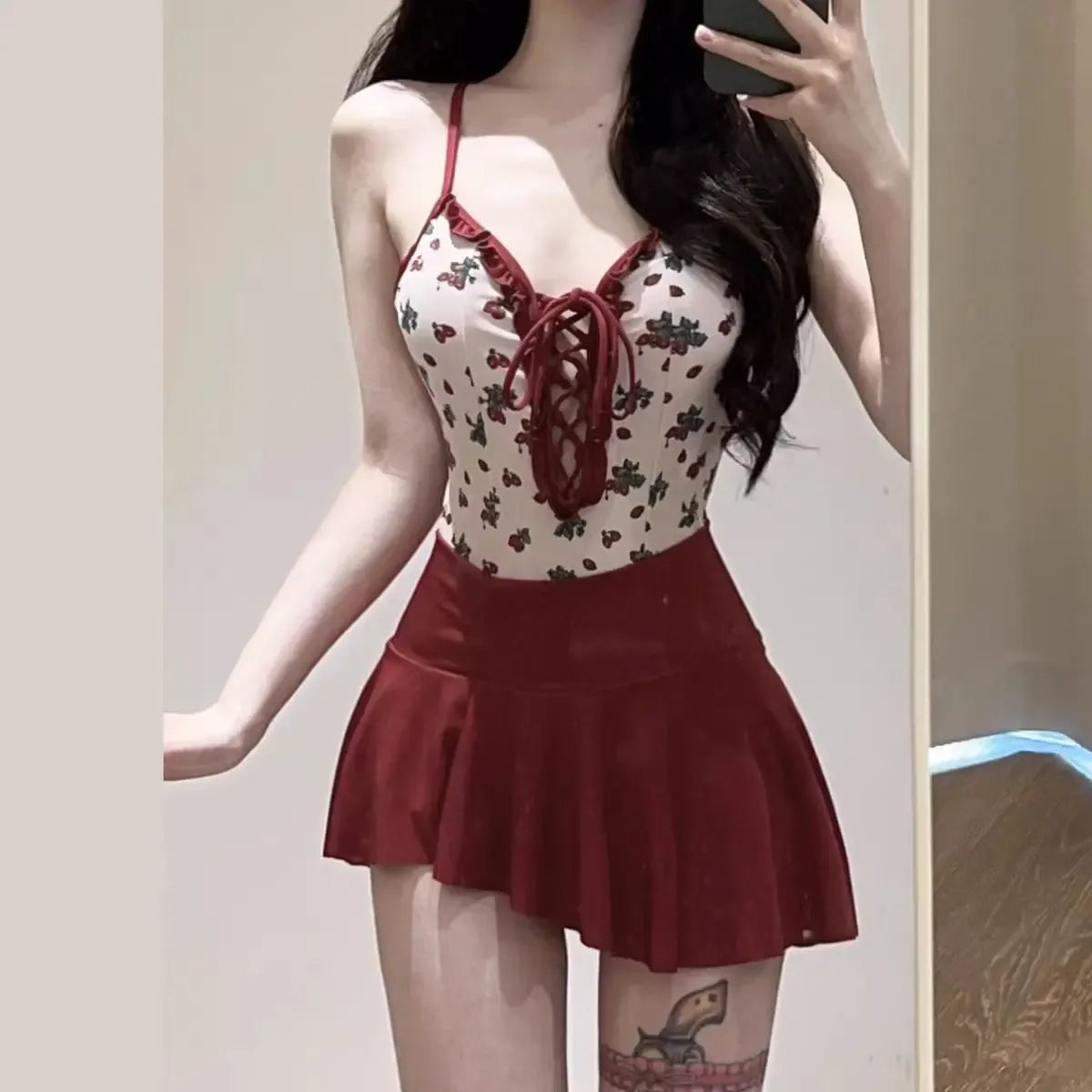 Cherry Print Lace-Up Swimsuit – Kawaii Pleated Skirt Bikini Set from Kawaii Stop