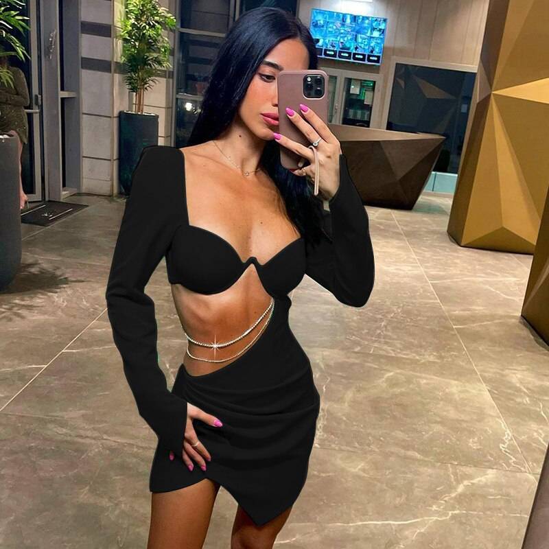 Hollow Out Full Sleeve Mini Dress From Kawaii Stop