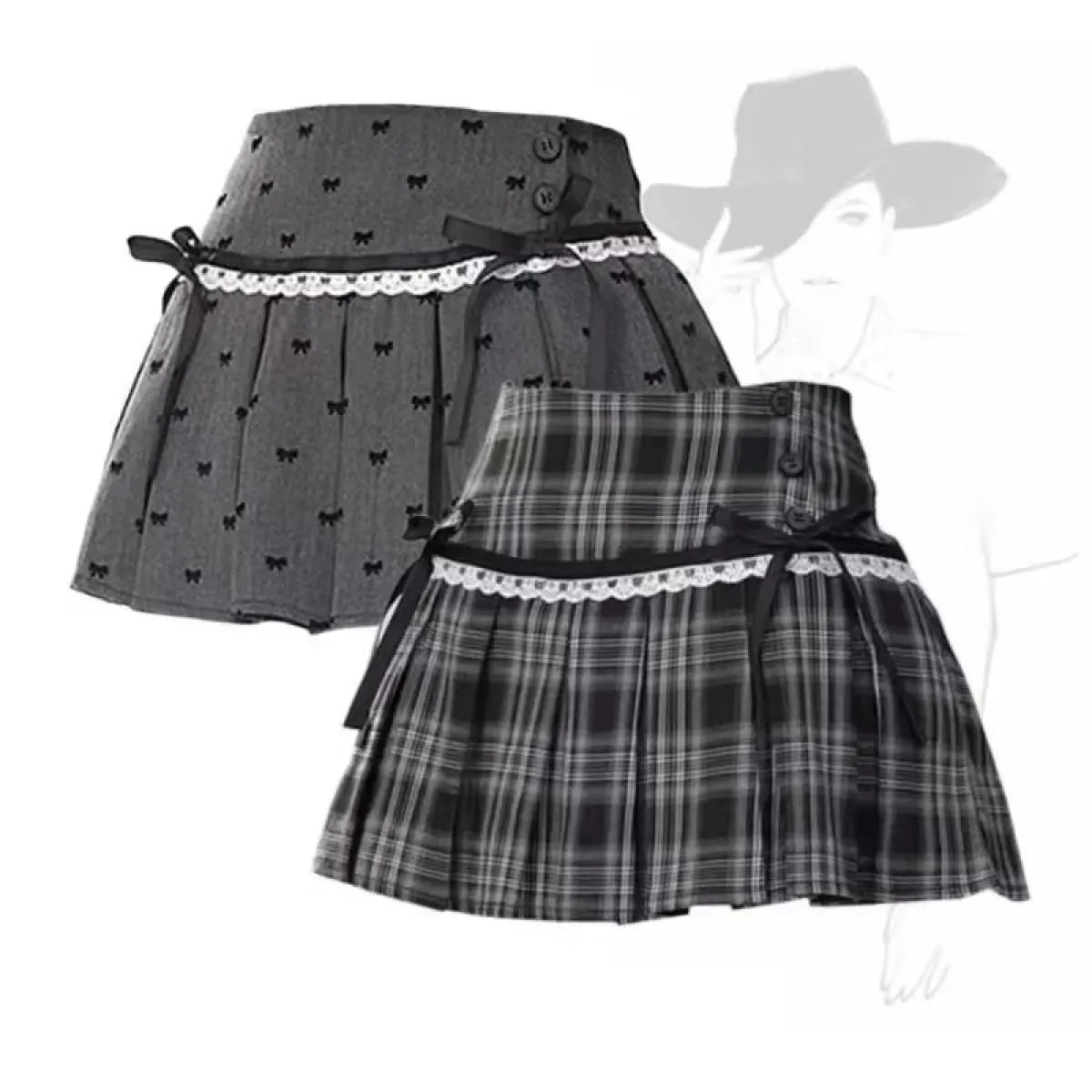 Kawaii Y2K Pleated Mini Skirt – Japanese Bow Lace Plaid Chic from Kawaii Stop