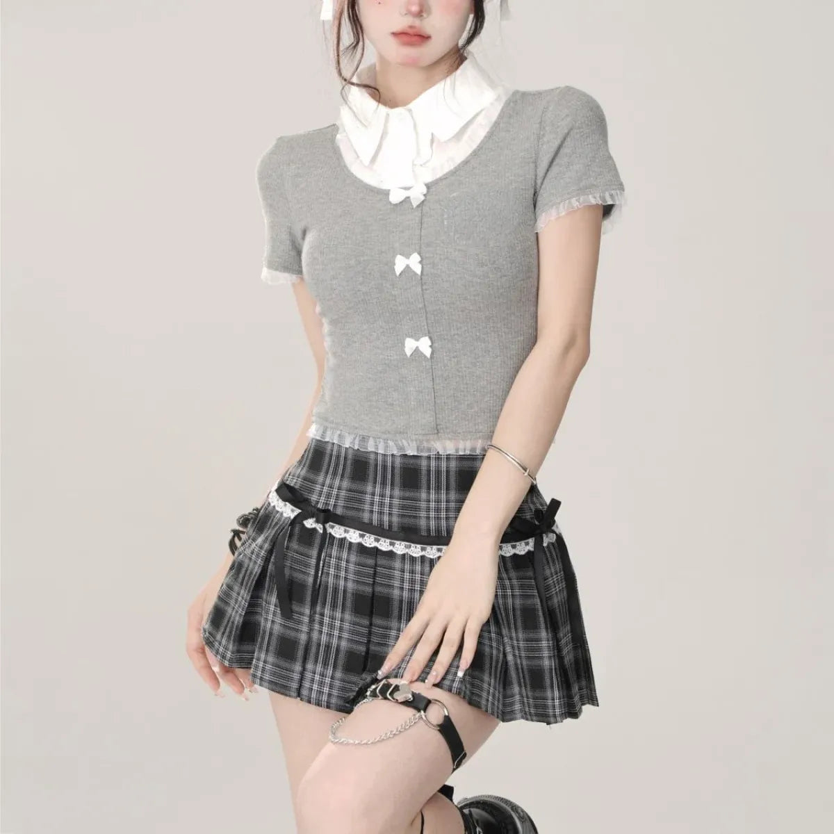 Kawaii Y2K Pleated Mini Skirt – Japanese Bow Lace Plaid Chic from Kawaii Stop