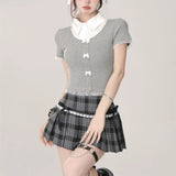 Kawaii Y2K Pleated Mini Skirt – Japanese Bow Lace Plaid Chic from Kawaii Stop