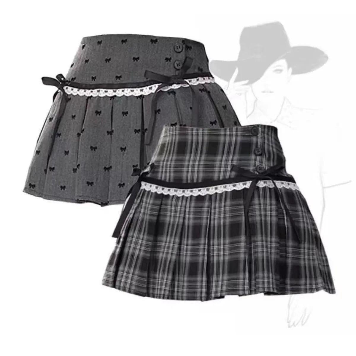 Kawaii Y2K Pleated Mini Skirt – Japanese Bow Lace Plaid Chic from Kawaii Stop