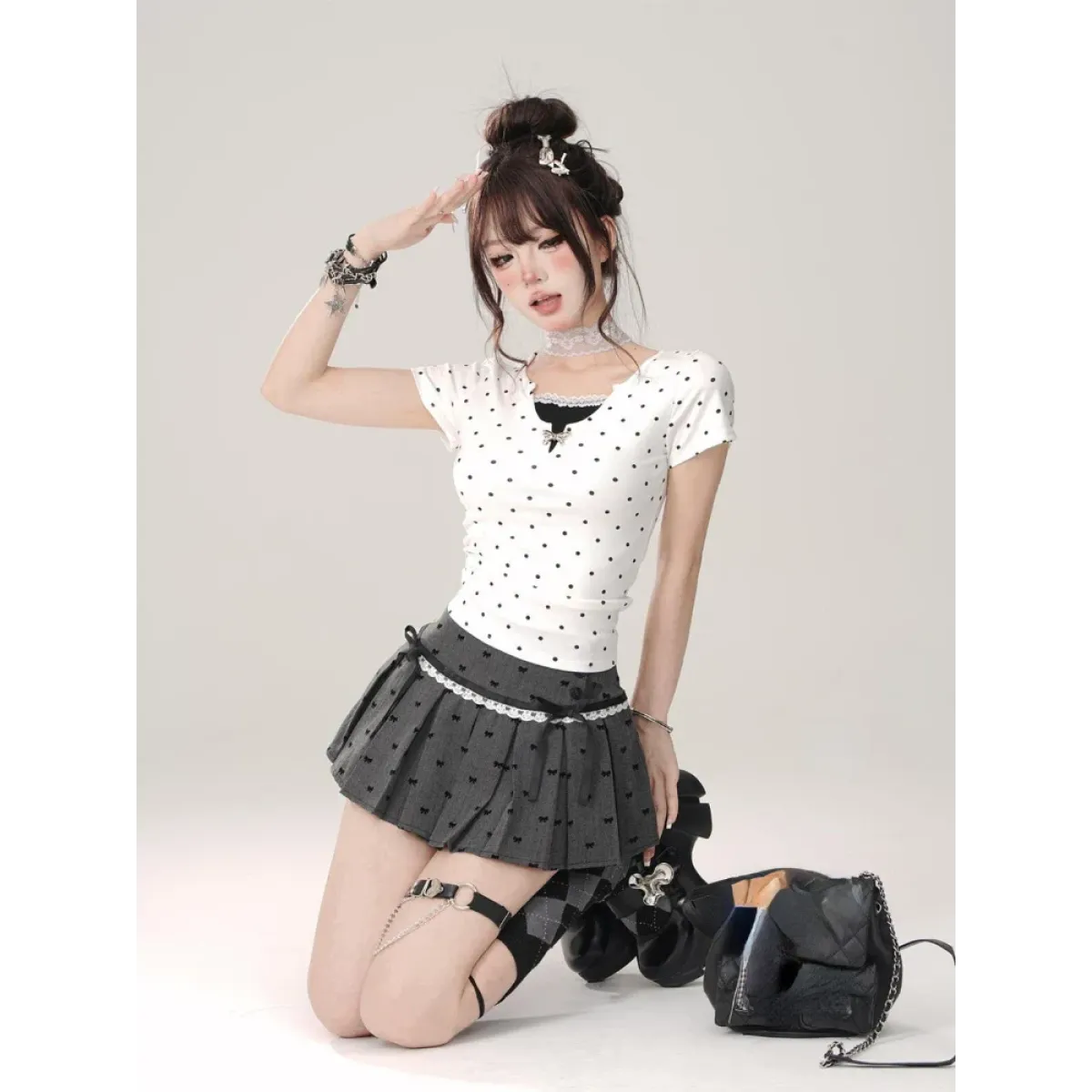 Kawaii Y2K Pleated Mini Skirt – Japanese Bow Lace Plaid Chic from Kawaii Stop