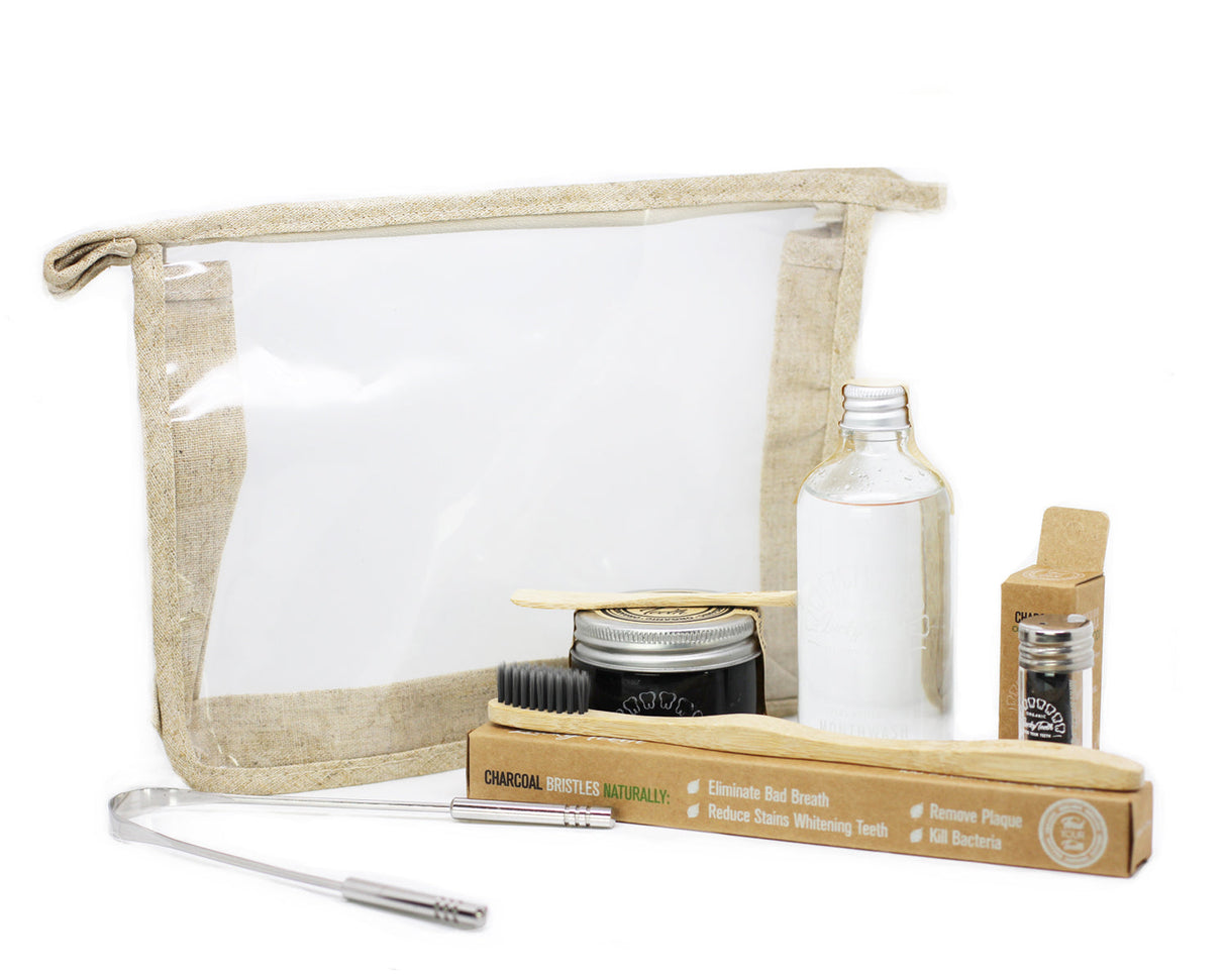 Lucky Teeth Oral Care Travel Kit Essentials in a Hemp Bag-GLASS JARS-- Organic Toothpaste, Peroxide Mouthwash Floss, Tongue Scraper, Toothbrush From Lucky Teeth