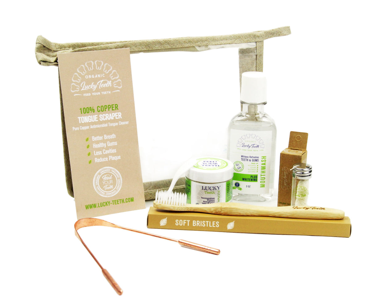 Lucky Teeth Oral Care Travel Kit Essentials in a Hemp Bag- Organic Toothpaste, Peroxide Mouthwash Floss, Tongue Scraper, Toothbrush From Lucky Teeth