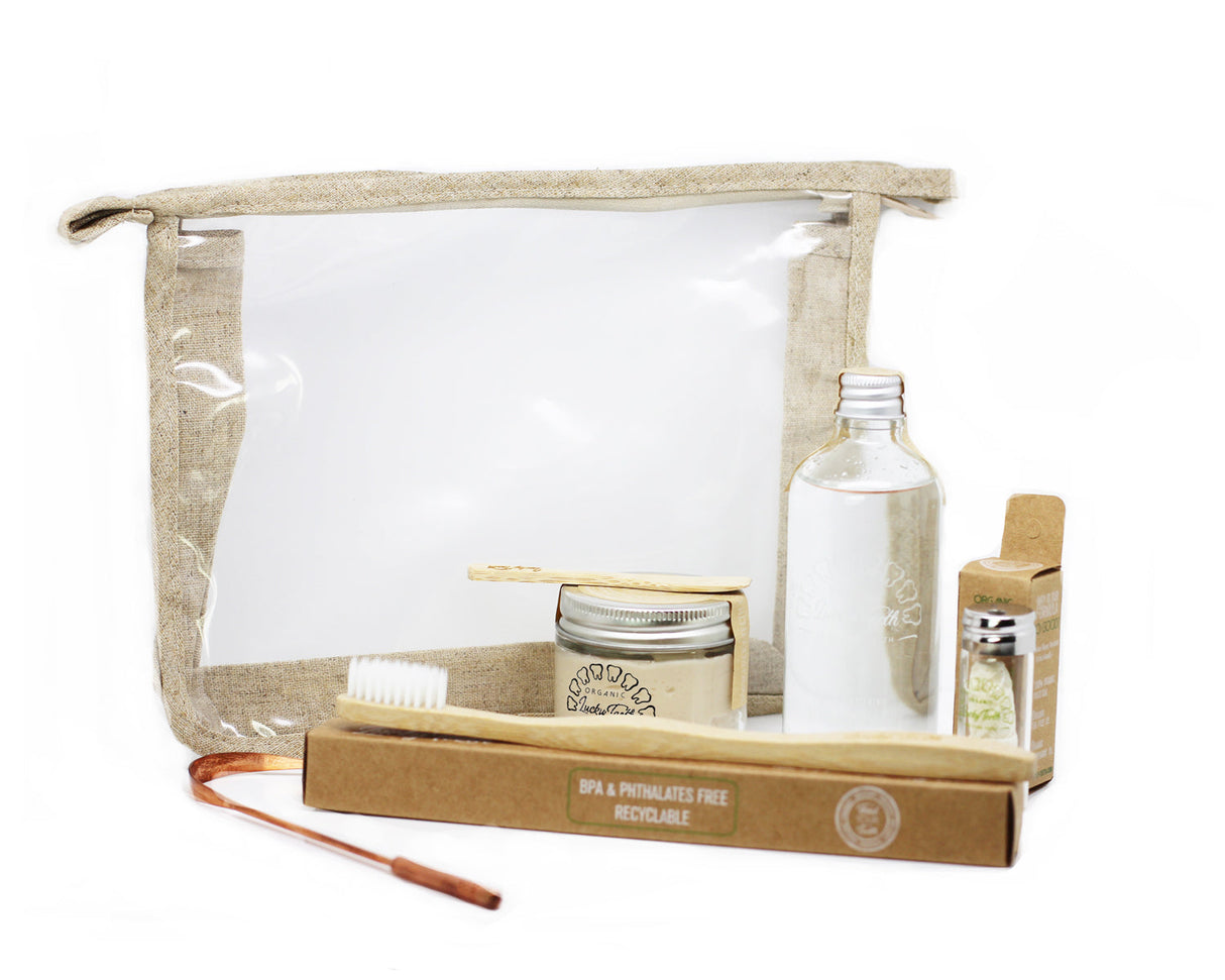 Lucky Teeth Oral Care Travel Kit Essentials in a Hemp Bag-GLASS JARS-- Organic Toothpaste, Peroxide Mouthwash Floss, Tongue Scraper, Toothbrush From Lucky Teeth