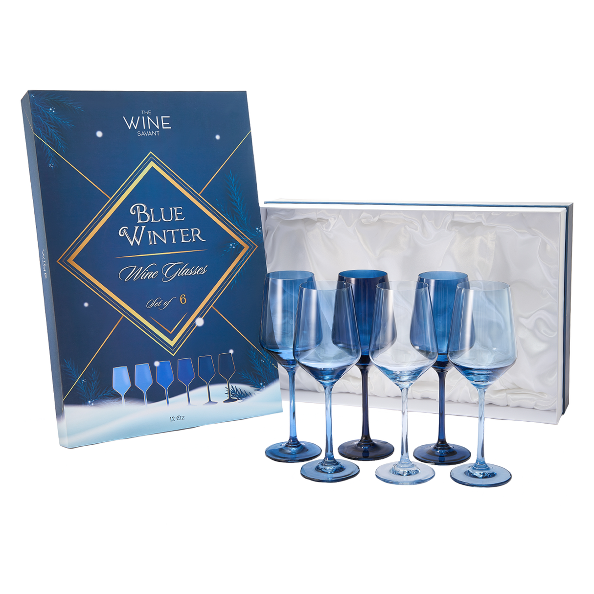Blue Winter Christmas Wine Glasses | Set of 12 | Navy Colors from The Wine Savant