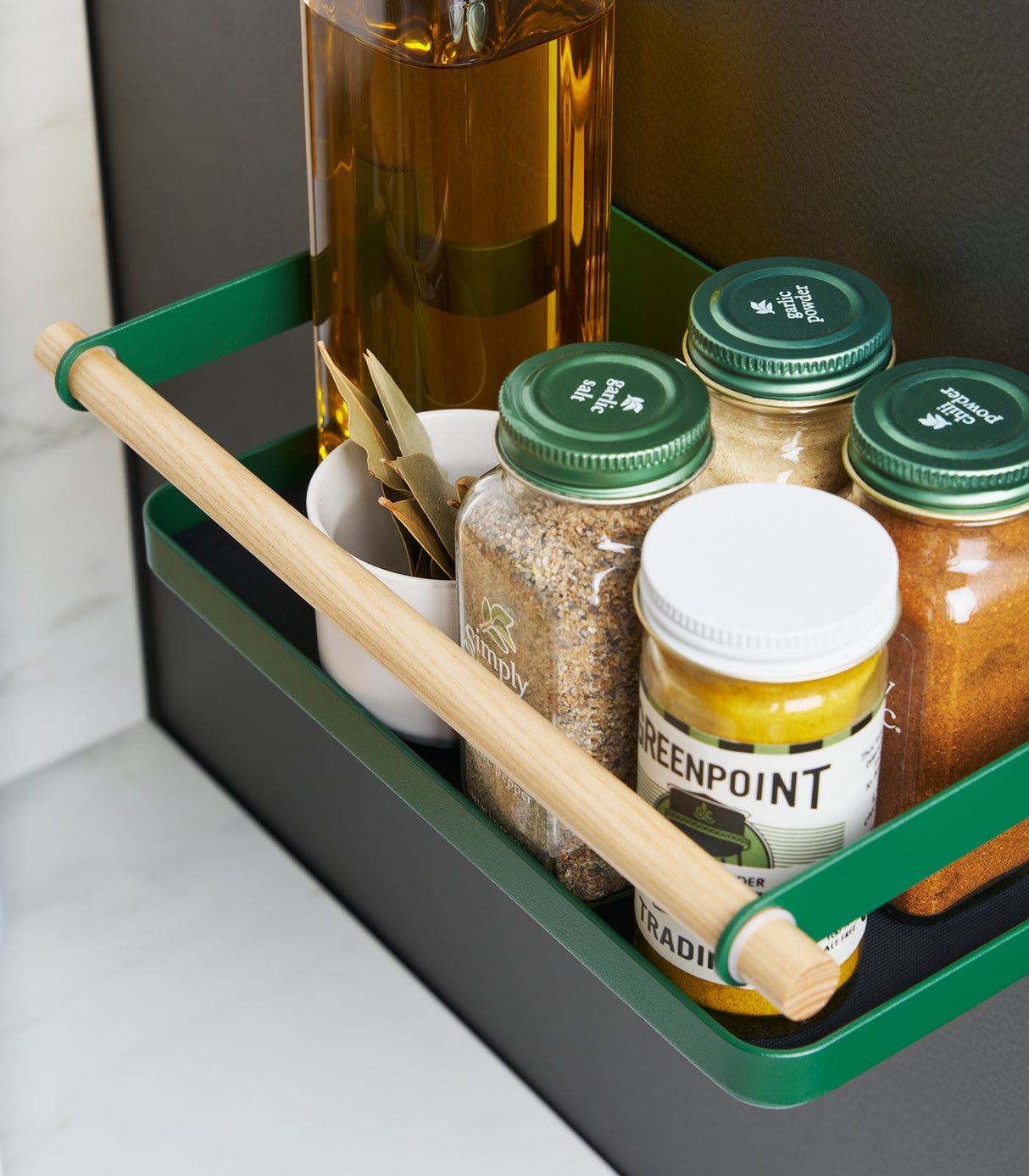 Magnetic Storage Caddy - Steel + Wood - Forest Green from Yamazaki Home