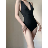 Ribbed Deep V One-Piece Swimsuit – Korean Beach Bodysuit from Kawaii Stop