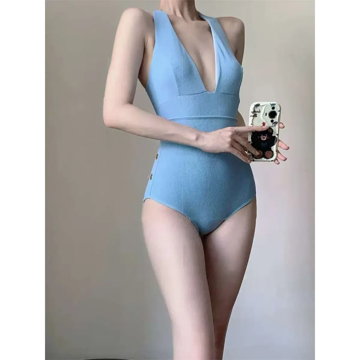 Ribbed Deep V One-Piece Swimsuit – Korean Beach Bodysuit from Kawaii Stop