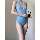 Ribbed Deep V One-Piece Swimsuit – Korean Beach Bodysuit from Kawaii Stop