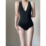 Ribbed Deep V One-Piece Swimsuit – Korean Beach Bodysuit from Kawaii Stop