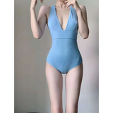 Ribbed Deep V One-Piece Swimsuit – Korean Beach Bodysuit from Kawaii Stop