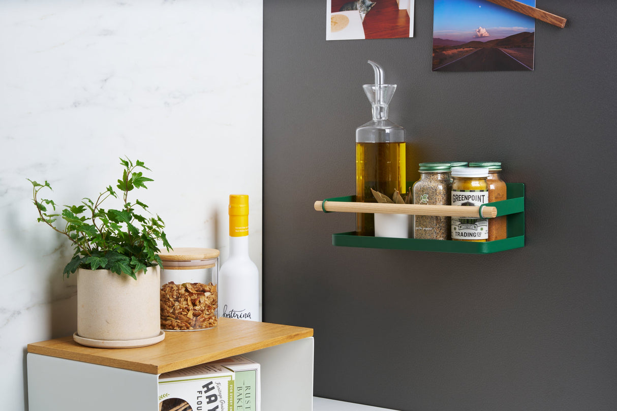 Magnetic Storage Caddy - Steel + Wood - Forest Green from Yamazaki Home