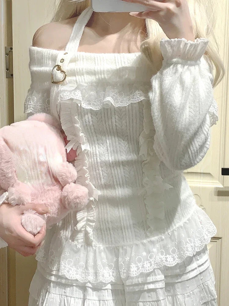 Kawaii Lace Patchwork Knit Top – Halter Neck Lolita Sweater From Kawaii Stop