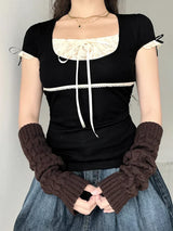 Lace Trim Crop Top: Sweet Square Neck Harajuku Tee From Kawaii Stop